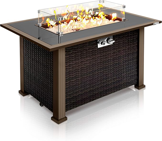 SereneLife Outdoor Propane Fire Pit Table - Approved Safe 50000BTU Auto-Ignition Propane Gas Fire Table - Rattan Panel Glass Wind Guard Black Tempered Glass Tabletop Clear Glass Rock - SLFPTL
