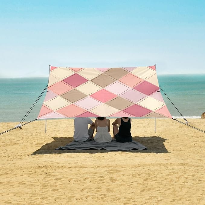 xigua Plaid Beach Tent Sun Shelter with Carrying Bag - Silver Coated Oxford Fabric Beach Canopy for Beach Camping Fishing - Includes Windproof Ropes Sandbags &amp Stakes