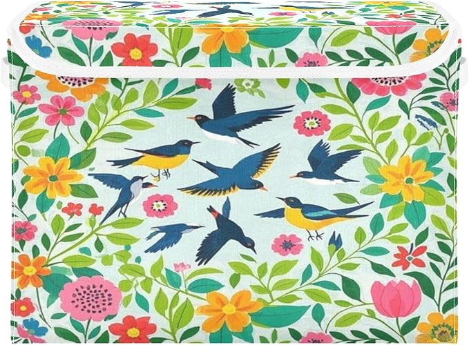 Storage Bins With Lid Stackable Fabric Closet Organizer Clothing Storage Large Boxes For Closet Shelves Bedroom Birds Plants Green