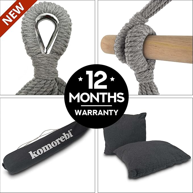 KOMOREBI Hammock Chair - Grey - 60 x 47 - Hanging Rope Swing for Indoor &amp Outdoor - Soft &amp Durable Cotton Canvas - 2 Cushions Included - Large Macrame Hanging Chair for Bedroom Patio Porch