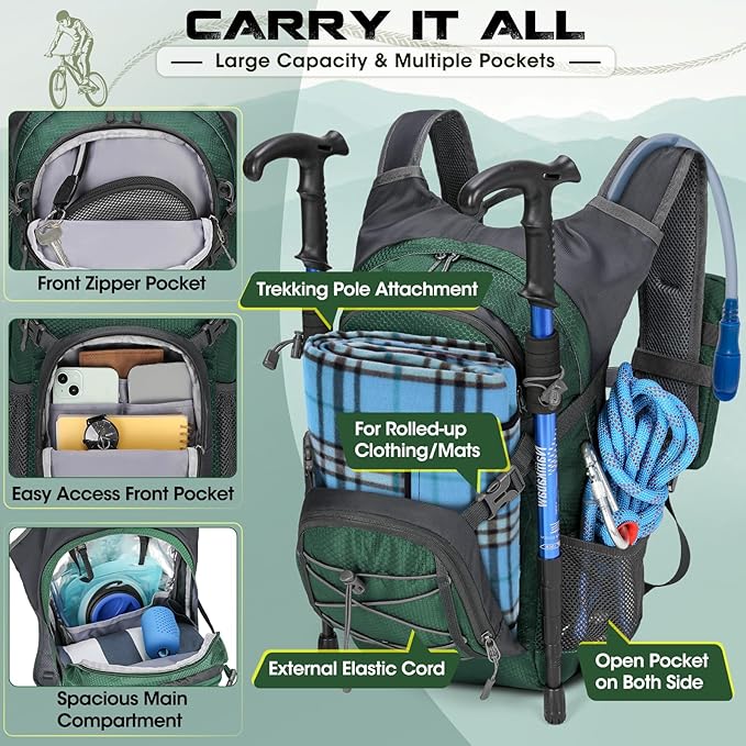 Hydration Backpack with Water Bladder 18L Lightweight Hiking Backpack for Women&ampMen Small Insulated Hydration Water Pack for Hiking Running Cycling Biking