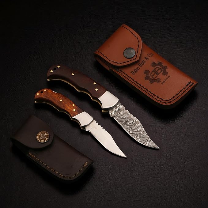 Babu Butt &amp CO Damascus Steel Folding Hunting Knife Set (2-Piece) Rosewood Handle Pocket Knife Handmade EDC Knife for Camping Survival &amp Outdoor Use Gift for Dad Groomsmen Father's Day
