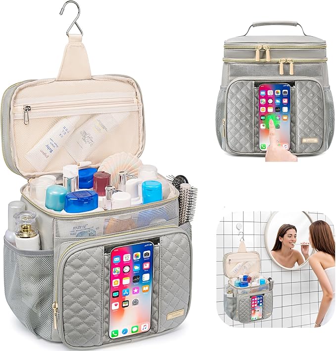 Large Leather Toiletry Bag for Women MenBathroom BagWater Resistant Shower BagMakeup BagPortable Shower Caddy for College DormHanging Travel Toiletry Bag with Transparent Waterproof Phone Pocket