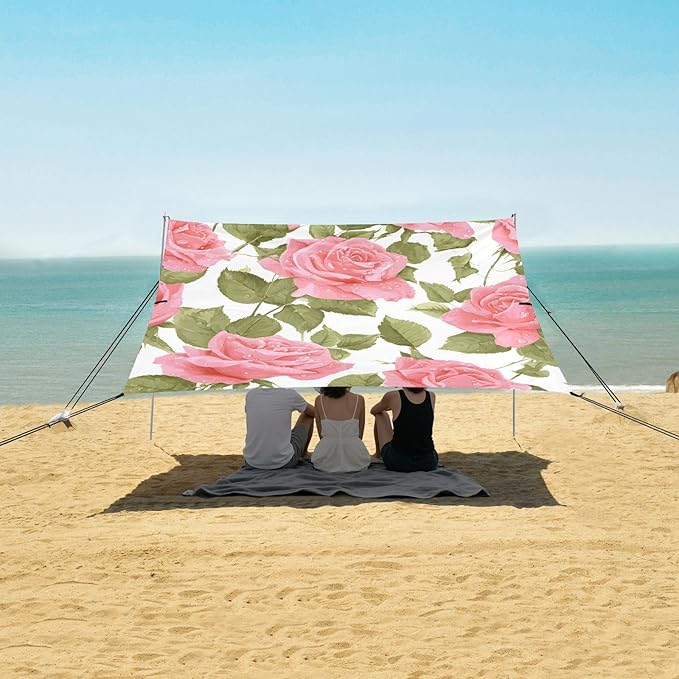 ALAZA Pink Rose Flower Beach Tent Sun Shelter UPF50+ Protection Beach Shade Canopy w/ 4 Sandbags for Outdoor Camping Fishing Backyard Fun Picnic 10x9 ft