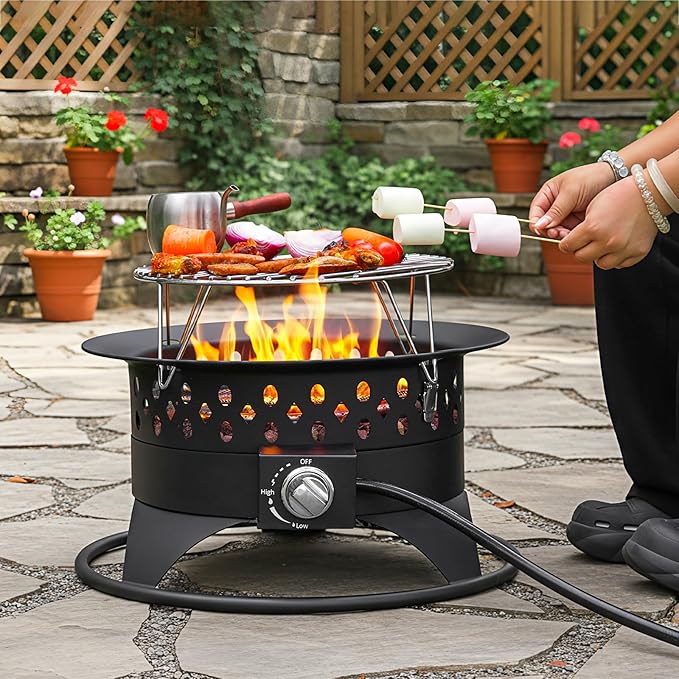 Breezz 20 Inch Propane Fire Pit with Grill 60000 BTU Smokeless Gas Firepit for Outside Patiowith Foldable Cooking Grate &amp 7 lbs Lava Rocks Adjustable Flame Outdoor Camping BBQ
