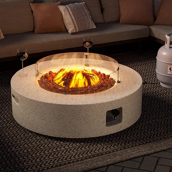 SUNBURY Outdoor 42 Inch Propane Fire Pit Table Patio Gas Fire Table 50000 BTU Fire Pit for Outside in Spotted White w Glass Wind Guard Lava Rocks