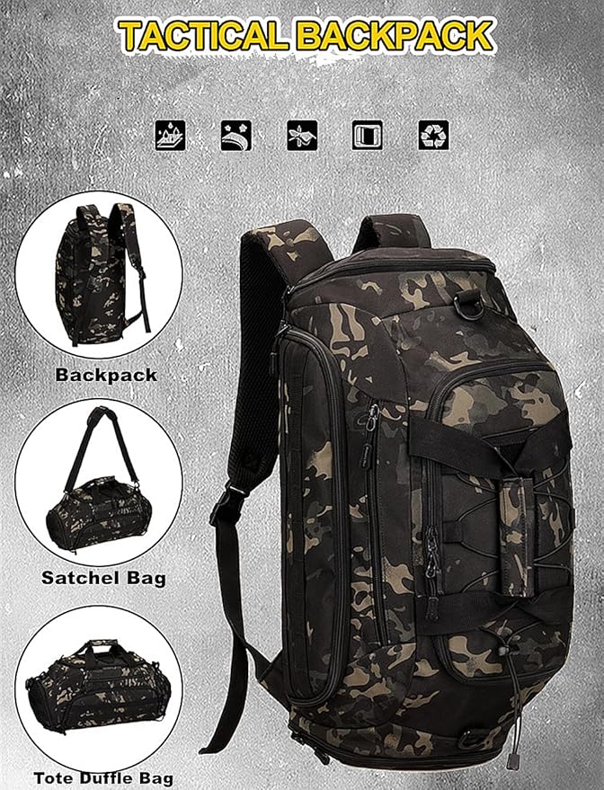 UNISTRENGH 3-Ways Tactical Military Nylon Men Holdall Weekend Travel Duffel Bag Backpack Messenger Shoulder Bags Rucksack Handbag (Black camo-45L)