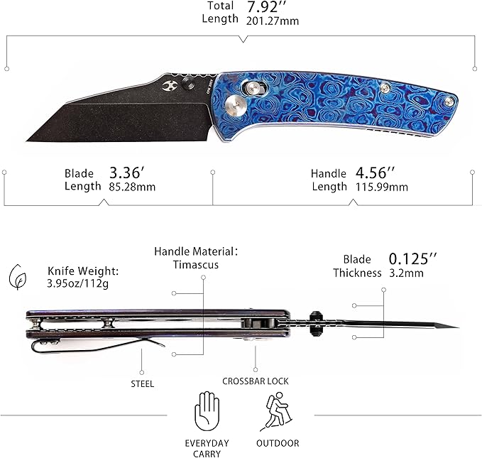 KANSEPT Elite Main Street Pocket Knife 3.36'' Blackwash 20CV Sharp Tanto Blade Timascus Handle with Axis Lock and Thumb Stud Perfect Clip for EDC Camping Survival Folding knives K1015M1