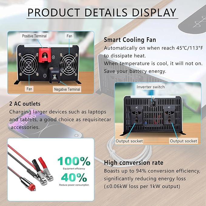 6000W Solar Hybrid Inverter 12V/24V/48V/60V/72V/96V DC to 110V/220V Pure Sine Wave Power Inverter With 2 AC Outlets LCD Display For Lead Acid/Lithium Batteries for Off-Gird/Home/Shed96V-220V
