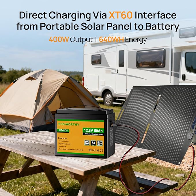 ECO-WORTHY 12V 50Ah LiFePO4 Lithium Battery with 100W Portable Solar Panel Bluetooth 5.0 Low Temp Protection Connects to Car Power Inverter for RV Road Trip Camping Hiking Marine Off Grid Travel