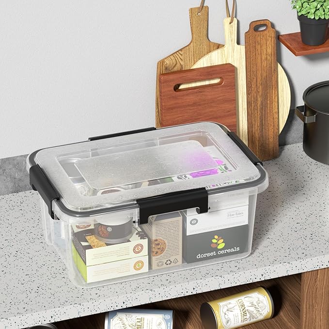6-Pack 12 Qt Plastic Storage Box with Gasket Seal Lid Durable Moving Containers with Tight Latch Weather Proof Tote Bin Clear/Black