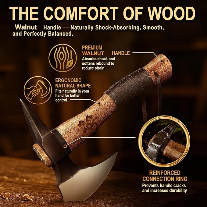 Grumpy Bear 11 Camping Hatchet Survival Axe with Sheath High Carbon Steel and Wood Handle Anti-Slip Grip – Ideal for Bushcraft Wood Splitting &amp Outdoor Adventures