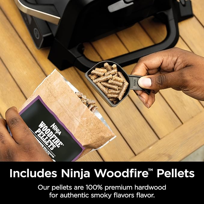 Ninja | Woodfire Series | 7-in-1 (Grill BBQ Roast Air Fry Dehydrate Broil Smoke) | Portable &amp Weather Resistant | Cook Up To 6 Steaks &amp 30 Hot Dogs | Woodfire Pellets included | OG701