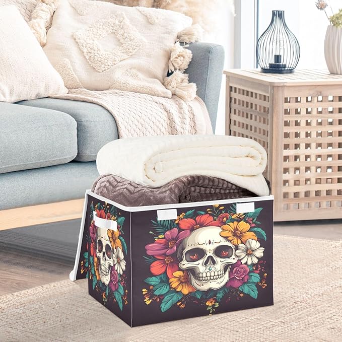 senya Large Storage Bins with Linen Halloween Skull Flower Collapsible Foldable Storage Cubes Fabric Closet Organizer Containers Box with Flip-Top Lid for Home Bedroom Office 16.7 x 12.6 x 11.8in
