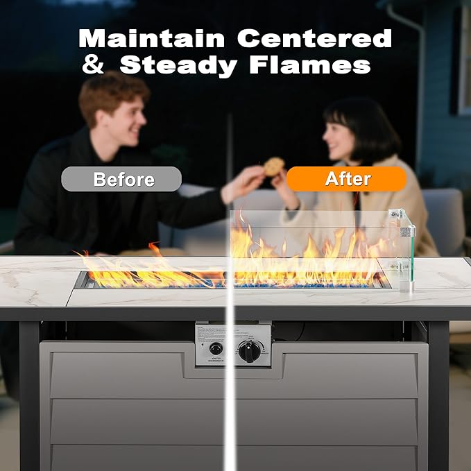 Nuu Garden 43'' Patio Propane Fire Pit Table 50000 BTU Gas Fire Pit with Marble-Textured Glass Top Wind Guard Lid Glass Beads CSA-Certified 2-in-1 Outdoor Table for Gatherings Ivory White
