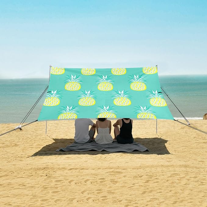 Beach Canopy with Windproof Ropes &amp Sandbags Beach Tent Sun Shade Sun Shelter for Camping Trips Fishing Backyard Fun or Picnics Pineapples