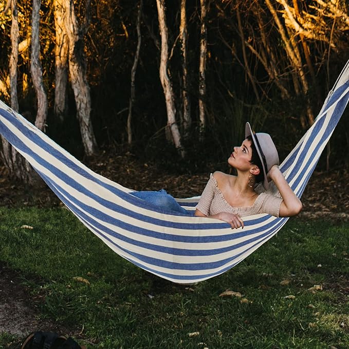 Double Hammock Brazilian Hammocks with Portable Carrying BagSoft Cotton Fabric Up to 450 Lbs Hanging for PatioTreesGardenBackyardPorchOutdoor and Indoor XXX-Large Stripe (Blue-White)
