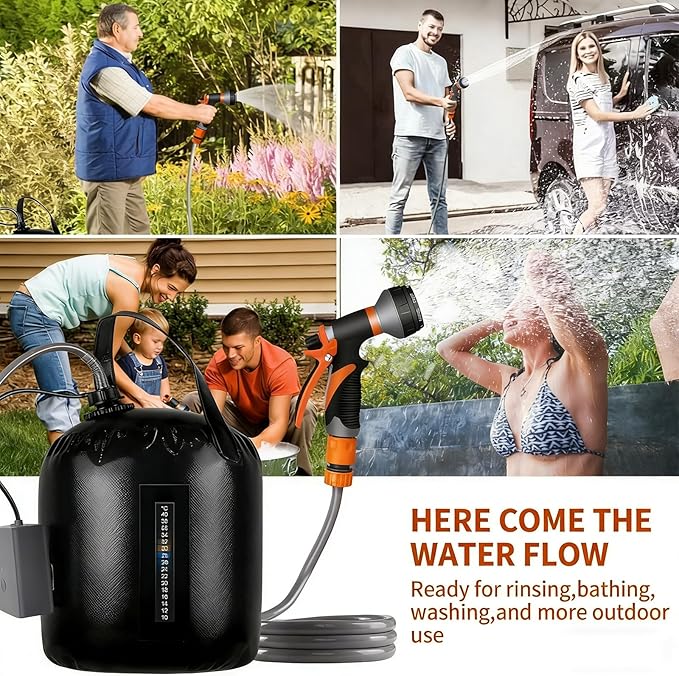 Brand Electric Portable Solar Camping Shower 20L (5Gal) - 4400mAh USB-C 90-120min Runtime 8 Modes Adjustable Pressure Food-Grade Material for Camping Hiking Beach RV Backpacking