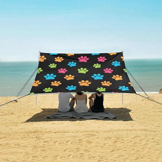 xigua Paw Print Beach Tent Sun Shelter with Carrying Bag - Silver Coated Oxford Fabric Beach Canopy for Beach Camping Fishing - Includes Windproof Ropes Sandbags &amp Stakes