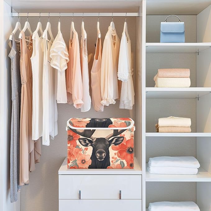 Storage Cube with Lid Floral Moose Print 16.5×12.6×11.8 IN Collapsible Large Capacity Foldable Storage Basket Bin Organizer