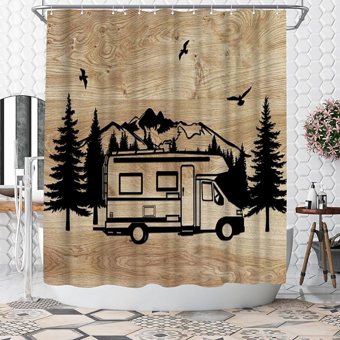 WELMECO Mountain Forest Camping Theme Shower Curtain Rustic Farmhouse Cabin Bathroom Decor Polyester Fabric 72x72 inch with Hooks