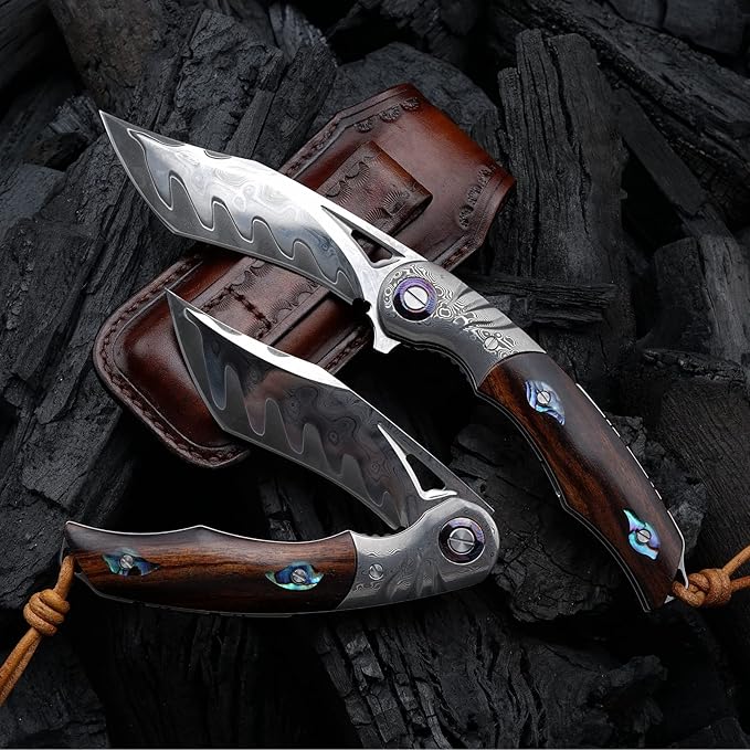 3.7 Inch Folding Pocket Knife Japanese SKD11 Damascus Steel Blade - Outdoor Camping Knife EDC Tactical Knife Forged Steel with G10 Handle Portable Survival Knife for Hunting Hiking