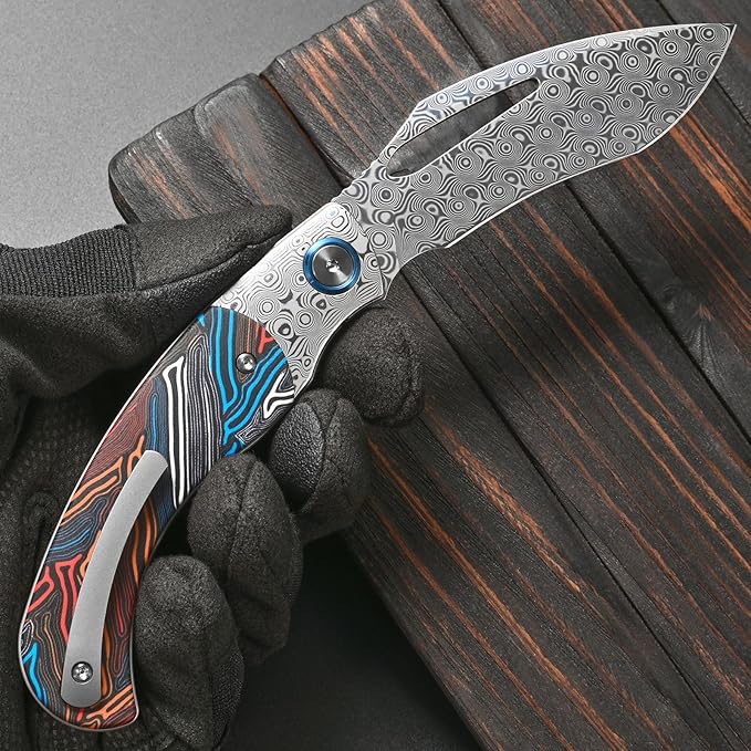Sitivien ST270 Folding Knife Damascus Steel Blade Colorful G10 &amp Damascus Handle with Ball Bearing for Men Women Outdoor Camping Hiking Fishing(Wood)