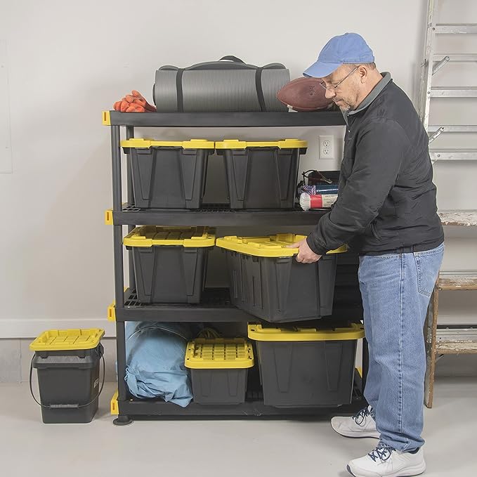 CX BLACK &amp YELLOW 12-Gallon Heavy Duty Storage Bins with Lids Stackable Plastic Storage Bins with Weather-Resistant Design Home Organization 4 Pack (12.51H x 16.3W x 21.8D)