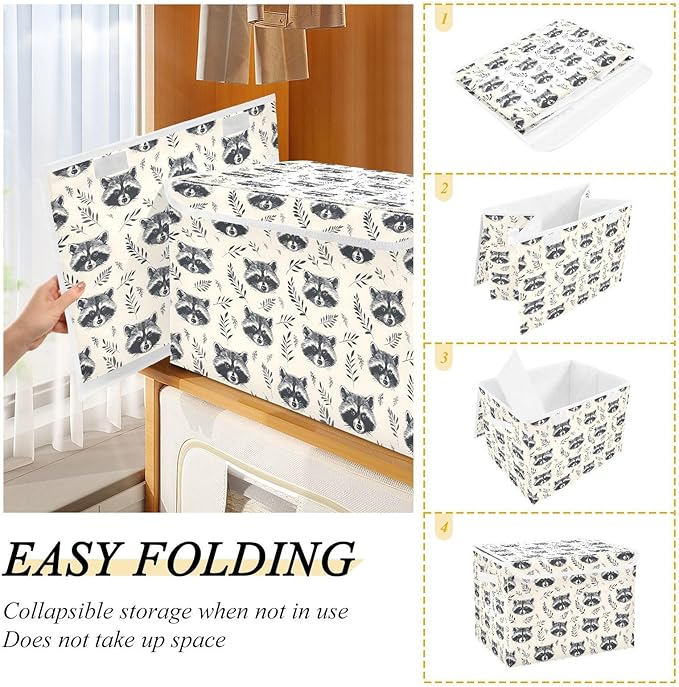 MNSRUU Containers Baskets with Lids Animal Raccoon Head Foldable Storage Bins Organizer with Lid Collapsible Storage Boxes for Home Bedroom Closet Office