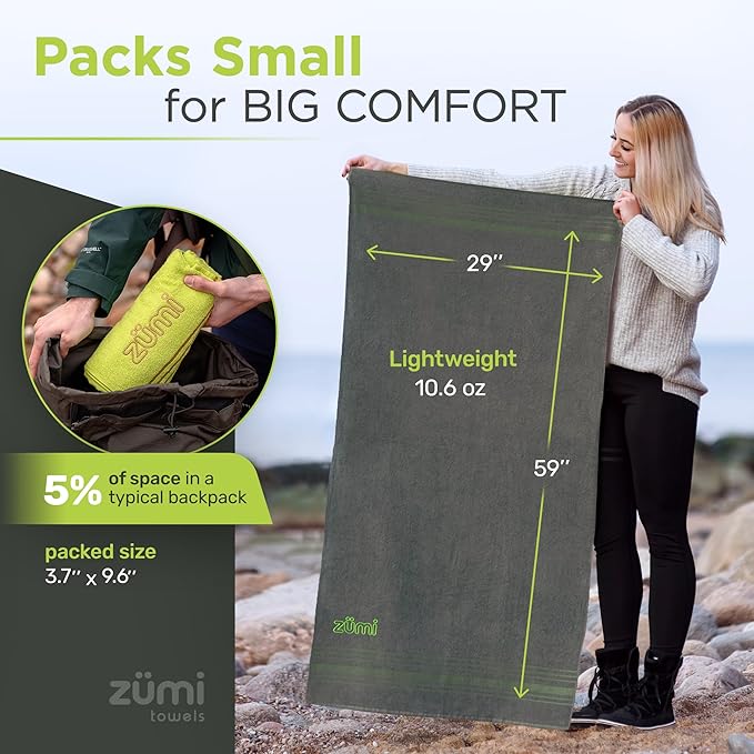 Zumi 100% Cotton Quick Dry Travel Towel - Soft Thin Compact Highly Absorbent Lightweight Camping Towel for Beach Gym Bath Shower Swimming Dorm RV - Green