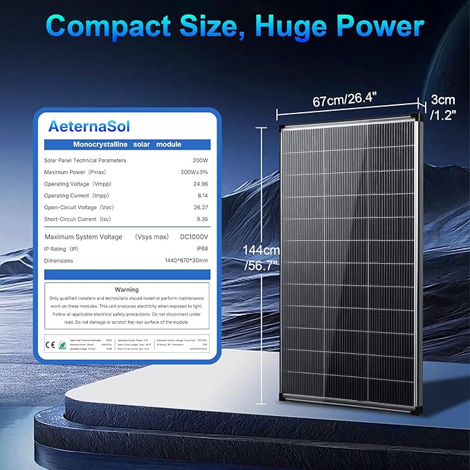 Solar Panels 200w bifacial n Type 18bb A+ Grade Solar Module IP68 Waterproof 25% high Efficiency Solar Cell 200 watt Solar Panel 12v for Off Grid RV Boat Rooftop Camper (200W Bifacial)