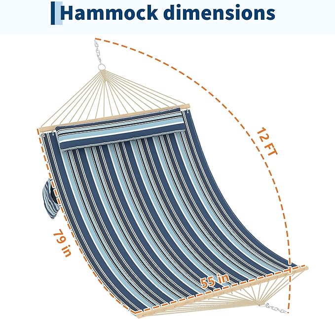 Hammocks 12 FT Double Quilted Fabric Hammock with Spreader Bar and Detachable Pillow 2 Person Hammock for Outdoor Patio Backyard Poolside 450lbs Weight Capacity