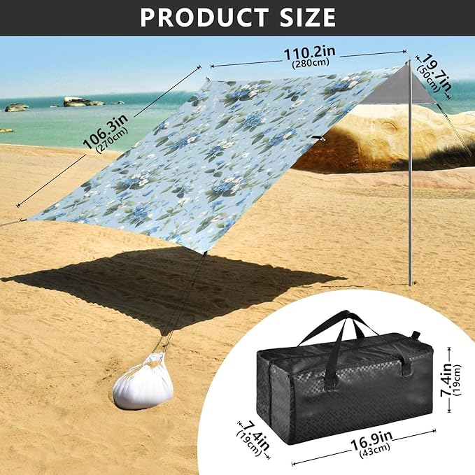White Blue Flowers Beach Tent Sun Shelter Set UPF50+ UV Protection 10.5 x 9.19 FT Camping Shade Canopy with Sandbags Sand Anchors Carrying Bag and Others