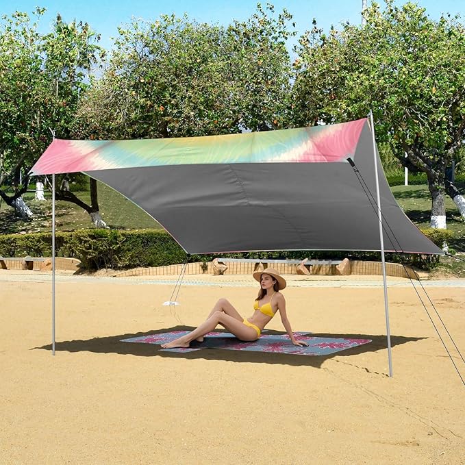 Tie-dye Pattern Bright Colors Tie-dye Background Stable Beach Tent UPF50 Water-Resistant Large Sun Shelter with Sandbags Sand Shovel Poles for Camping Trips Fishing Backyard Fun or Picnics