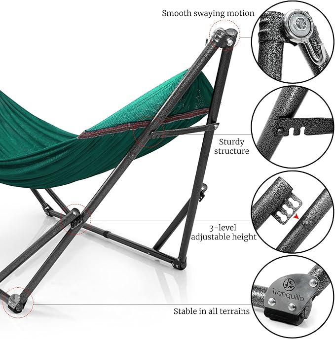Tranquillo Double Hammock with Stand Included for 2 Persons/Foldable Hammock Stand 600 lbs Capacity Portable Case - Inhouse Outdoor Camping Peacock