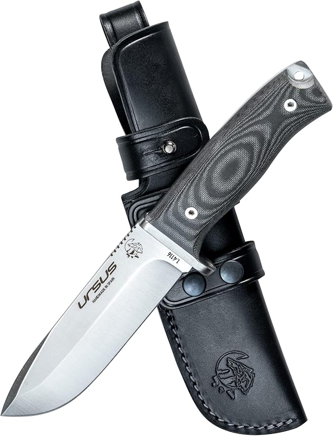 J&ampV URSUS – Survival Knife for Camping Bushcraft Field Hunting Fishing Blade 14.5 cm Stainless Steel MOVA 1.4116 Leather Sheath Made in Spain BLACK MICARTA