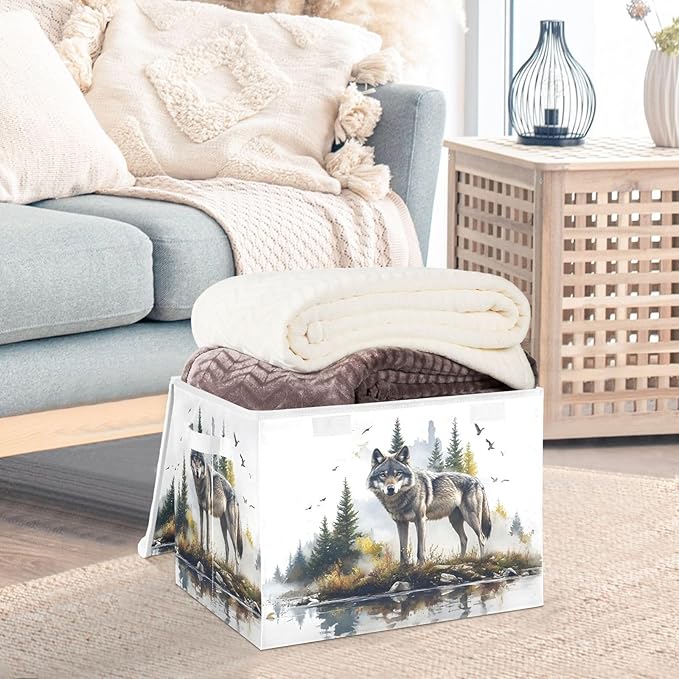 AIXIWAWA Lidded Storage Cube (Wild Wolf) Fabric Foldable Closet Bins with Flip Lid and Handles Organizer Basket Container 16.5 x 12.6 x 11.8 IN