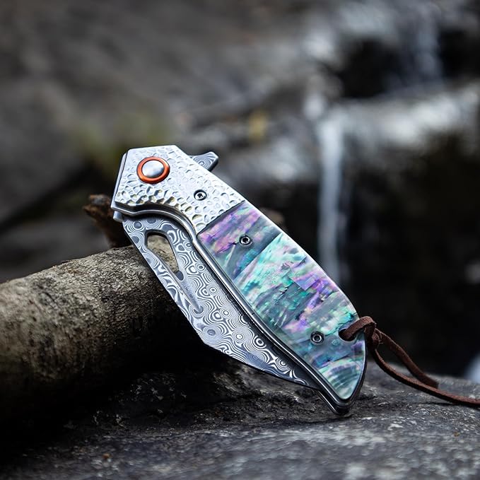 Damascus Pocket Knife for Women 2.95 Sharp Damascus Steel Blade Abalone Shell Handle EDC Folding Knives for Camping Hiking