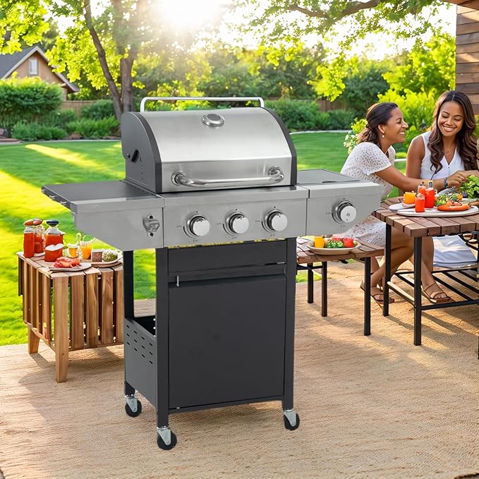 3 Burner Outdoor Propane Gas Grill with Side Burner &amp Thermometer Stainless Steel Barbecue Grill with Wheels for Patio BBQ Cooking Camping (3 Burner)