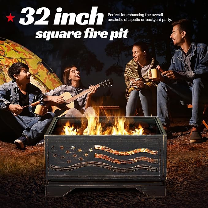 Verdeluxe 32Inch Square-Shaped Fire PitOutdoor Fire Pits with Spark Screen&ampPokerMetal Square Wood Burning Firepits for OutsideBackyardBonfirePatioPartyGardenPicnic and Camping(Antique Bron
