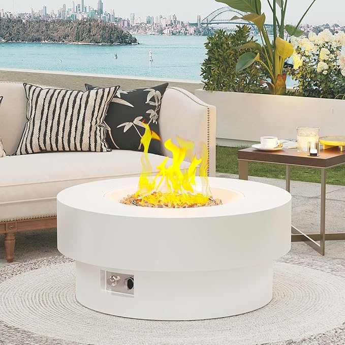 32.5 Inch Propane Fire Pit Table 50000 BTU Round Patio Fire Pit Table Outdoor CSA Certified Stainless Burner with Steel Lid Waterproof Cover &amp Lava Rocks for Backyard Garden White