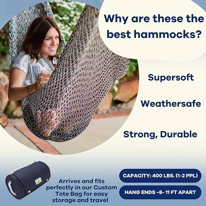 Handwoven Cotton Rope Hammock by Yellow Leaf Hammocks - Double Size Fits 1-2 PPL 400lb max - 100% Natural Cotton Easy to Hang Artisan Made - Color: Navy Blue - Off White