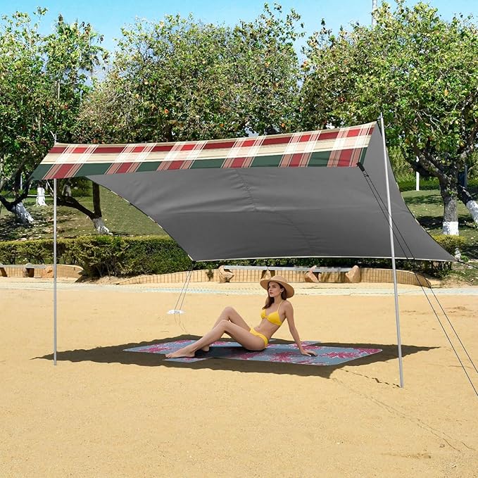ALAZA Red Green and White Tartan Plaid Beach Tent Sun Shelter UPF50+ Protection Beach Shade Canopy w/ 4 Sandbags for Outdoor Camping Fishing Backyard Fun Picnic 10x9 ft