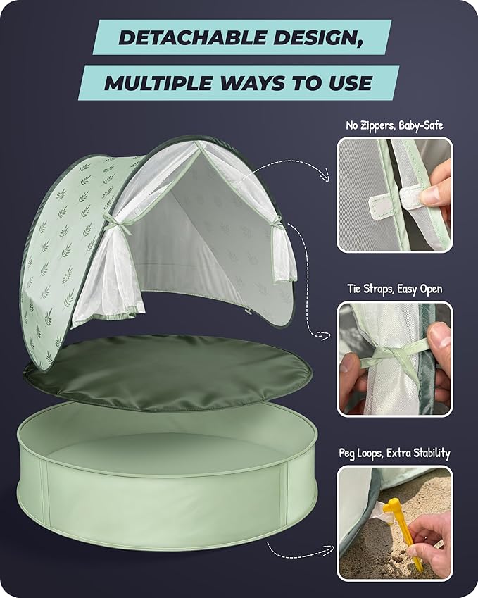 Baby Beach Tent with Pool 3-in-1 Upgrade Pop Up UPF 50+ Sun Protection Shelter with Mosquito Net Babies Toddlers Portable Outdoor Summer Essentials for Beach Backyard Indoor- Green Leaves