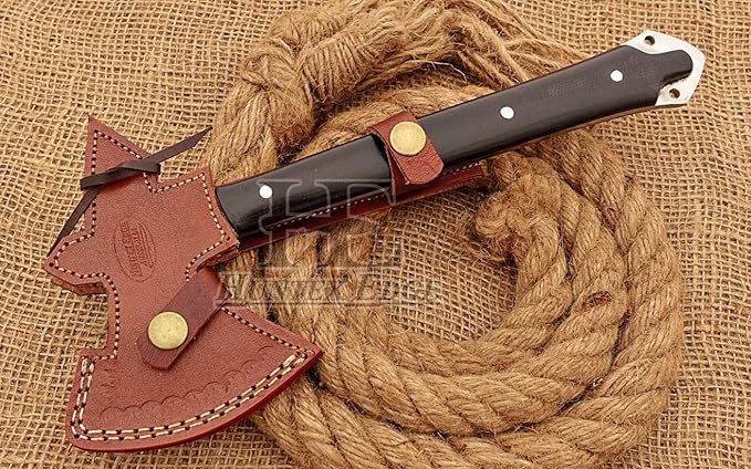 HUNTEX Unique Custom Hand-Forged Rain Drop Pattern Damascus Steel 12 Inch Long Buffalo Horn Handle Full Tang Razor Sharp Hunting Camping Hiking Hiking Axe with Genuine Leather Sheath