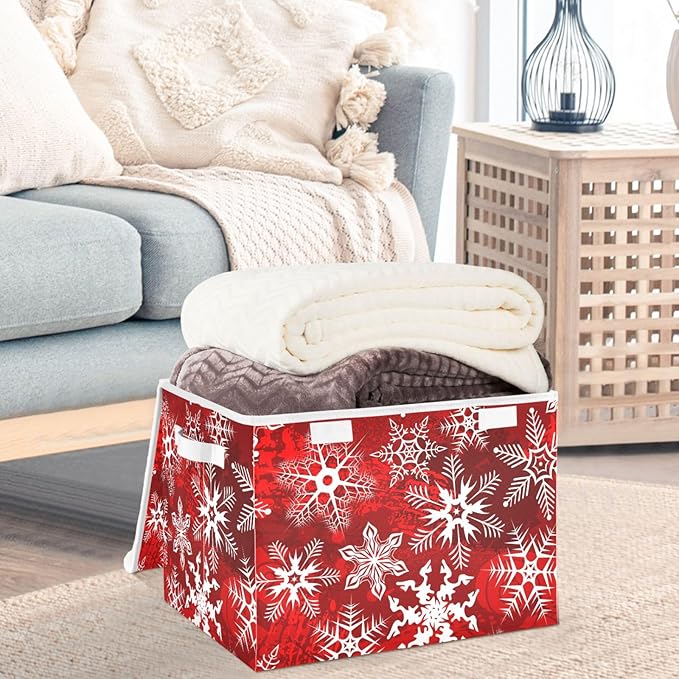 CaTaKu Large Fabric Storage Bins With LidsRed Snowflakes Christmas Storage Boxes With Handles for Organizing Clothes Collapsible Storage Cube Bins Baskets for Shelves