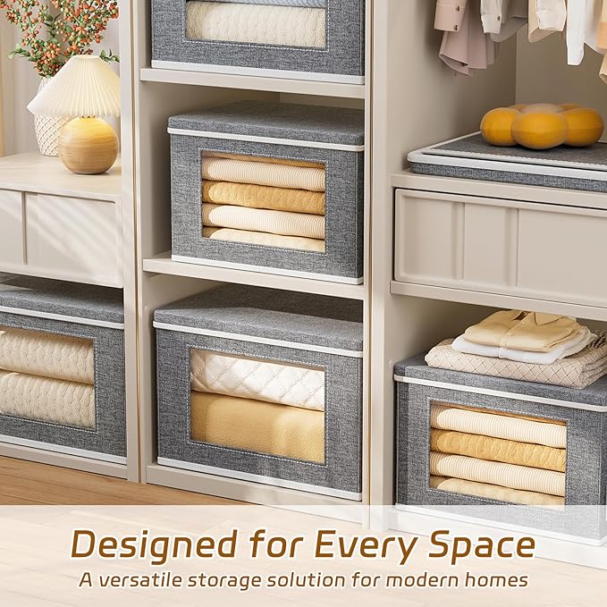 4-Pack Fabric Storage Bins with Lids Collapsible Closet Storage Bins with Clear Window Large Storage Boxes with Handles Closet Organizers for Shelves Wardrobe Grey 17X11.8×11.8