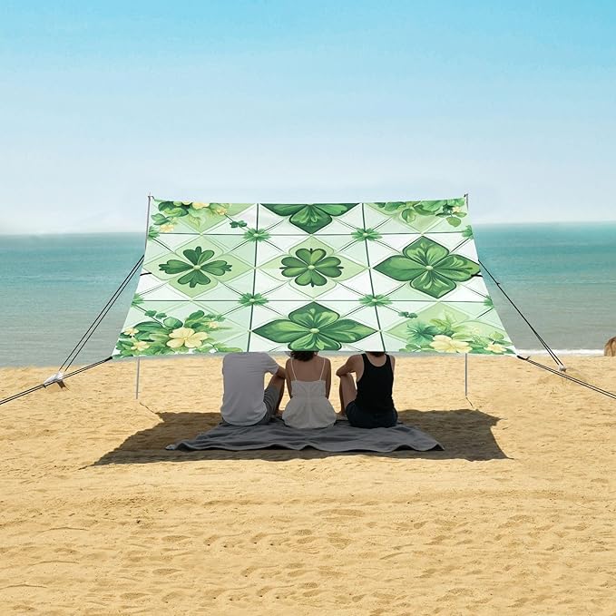St Patrick's Clover Ceramic Tile Beach Tent Sun Shelter Set UPF50+ UV Protection 10.5 x 9.19 FT Camping Shade Canopy with Sandbags Sand Anchors Carrying Bag and Others