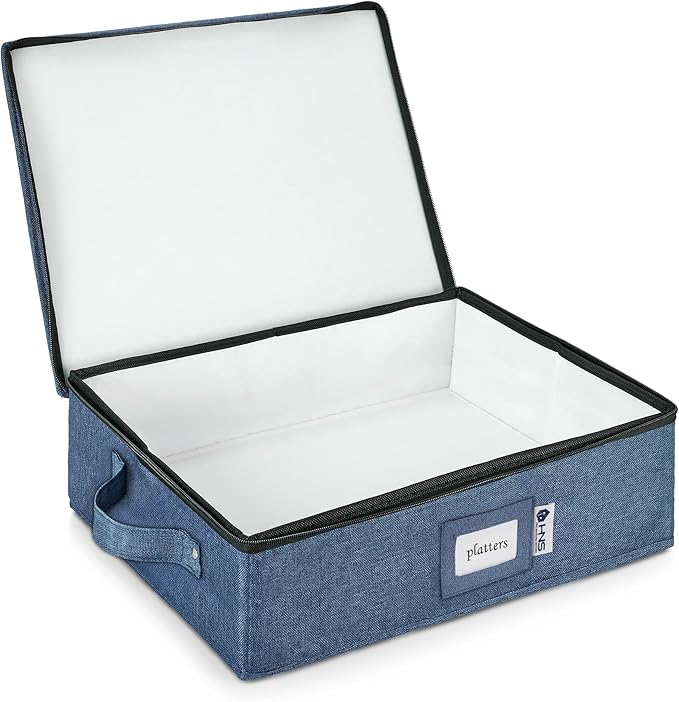 Platter Storage Containers - Hard Shell Protection for Fine China Sturdy Dish Organizer with Dividers for Seasonal Storage Moving &amp More - Protects up to 4 Platters (Blue)