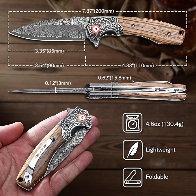 Damascus Pocket Knife for Men Folding Knives with Wooden Handle &amp 3.34 Sharp Damascus Steel Blade EDC Knifes for Camping Hiking Collection